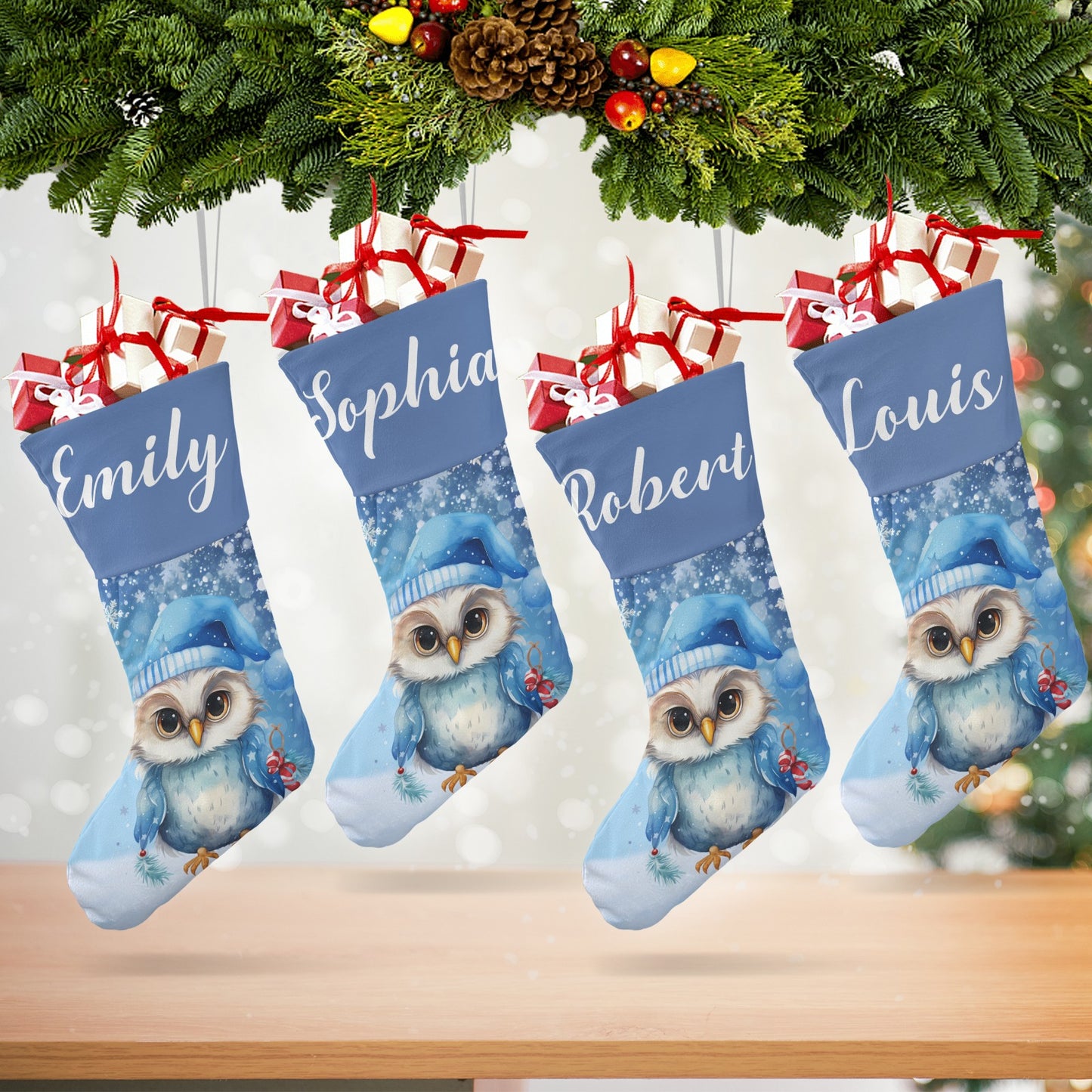 Owl Blue Christmas Stocking Custom Name Christmas Socks Gift