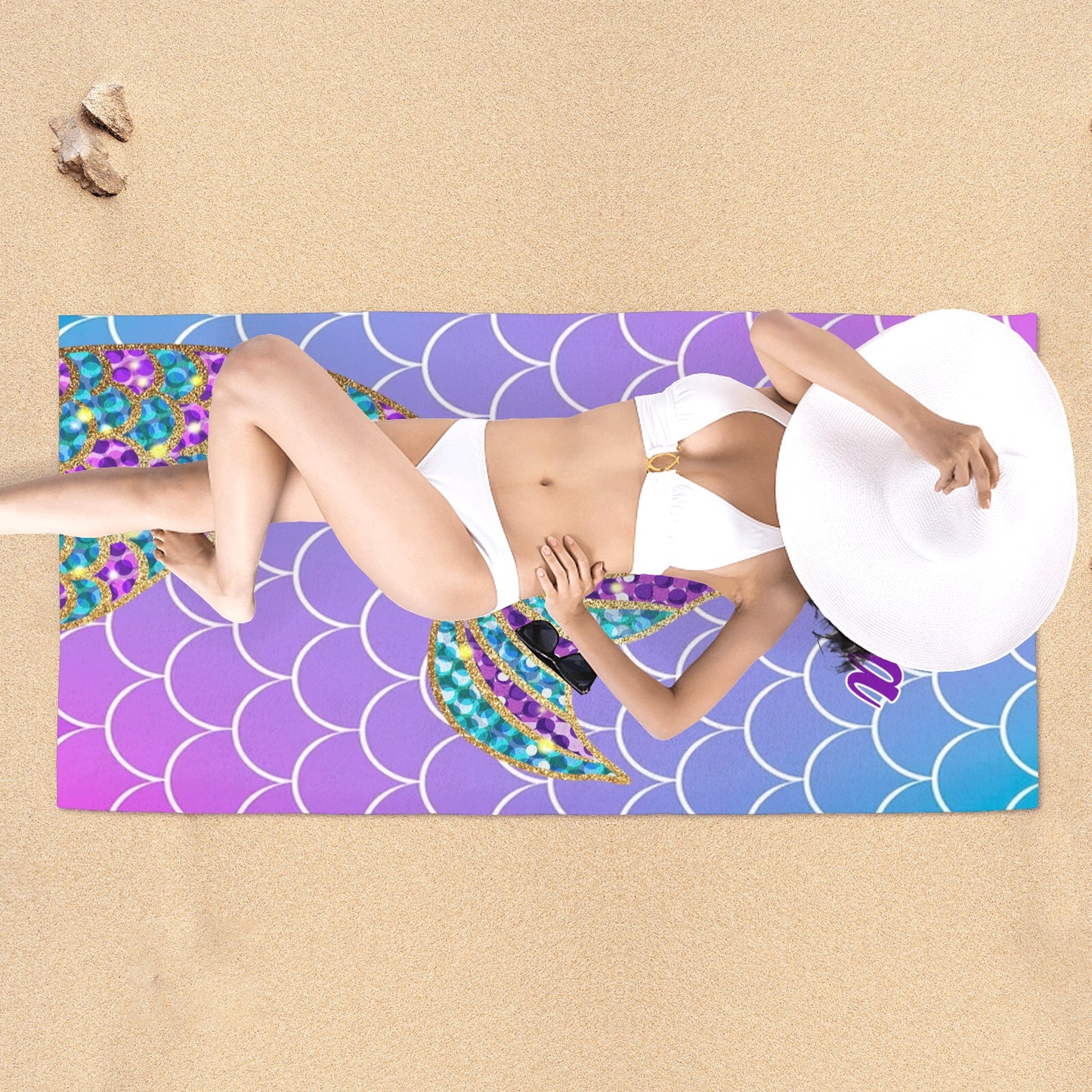 Purple Mermaid Tail Beach Towel Custom Cotton/Poly Blend Pool Towel - Blue - Personalize with Your Name - Standard Size
