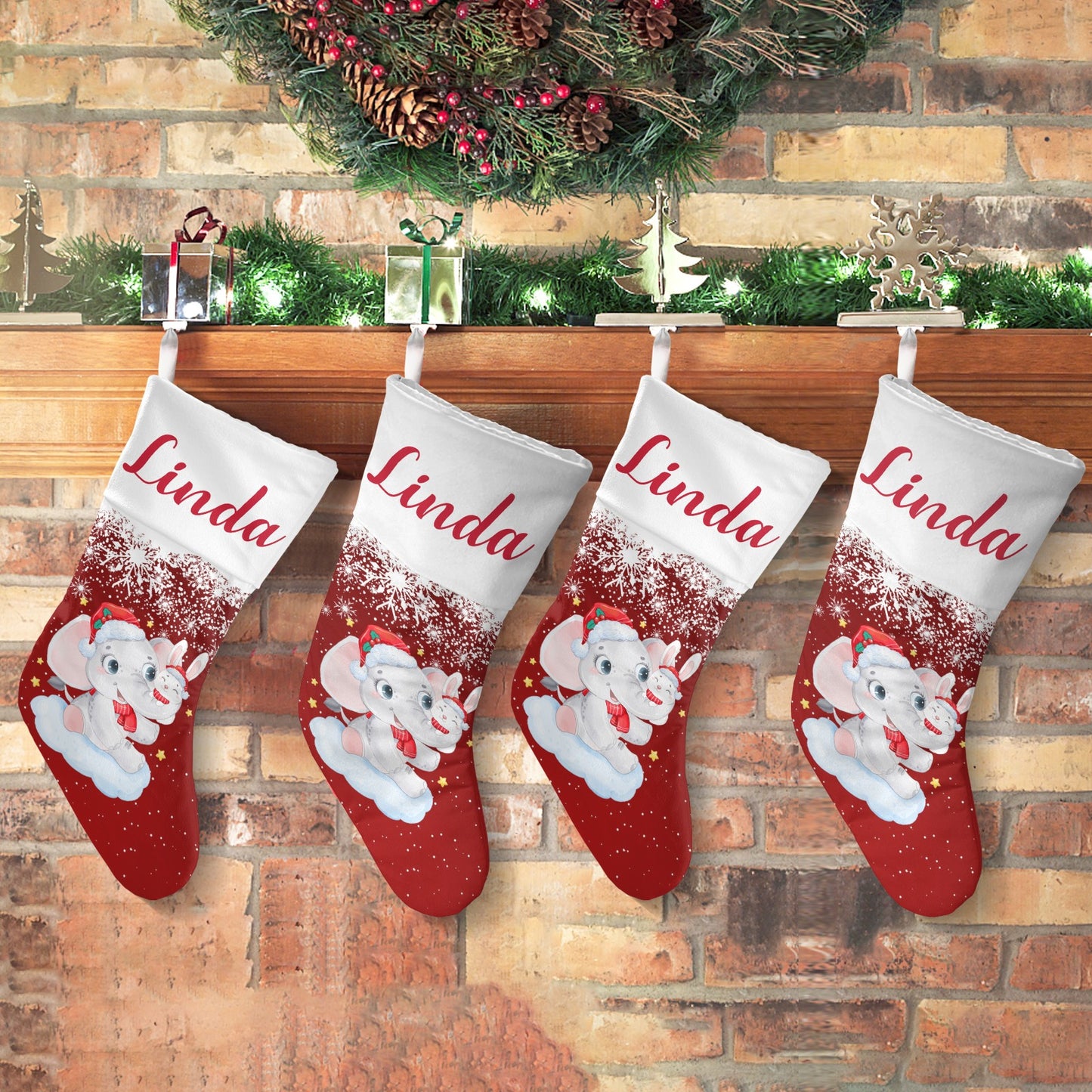 Red Christmas Elephant Christmas Stocking Custom Name Christmas Socks Gift