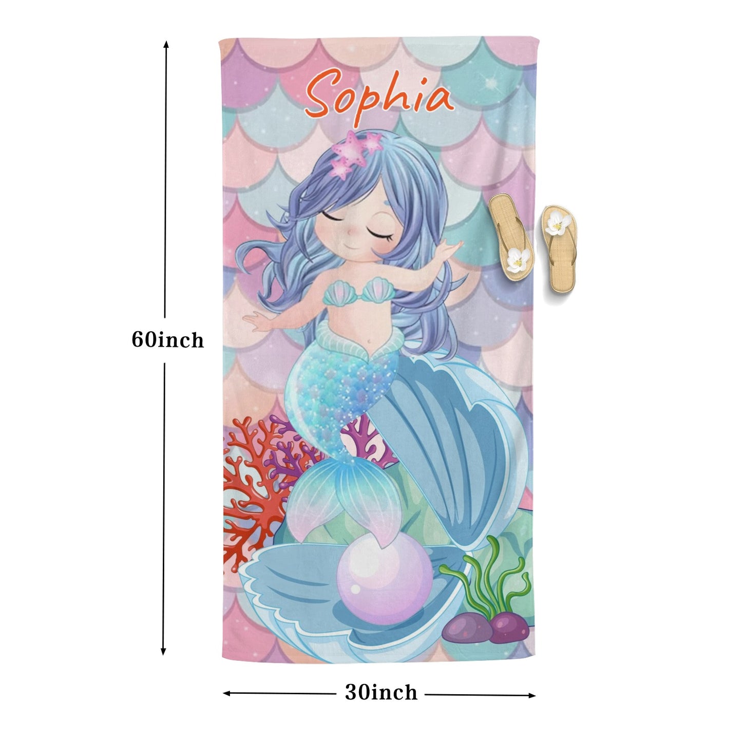 Cute Mermaid Beach Towel Custom Cotton/Poly Blend Pool Towel - Blue - Personalize with Your Name - Standard Size