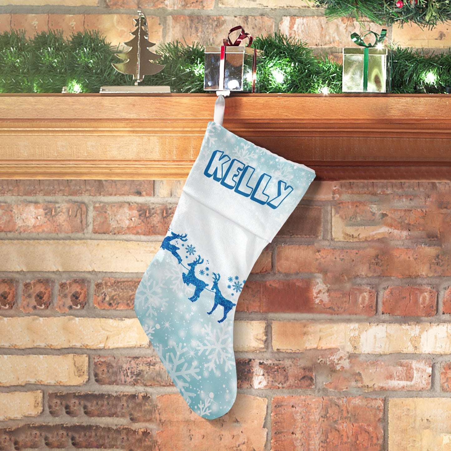 Blue Snowflake Reindeer Christmas Stocking Custom Name Santa Socks Gift