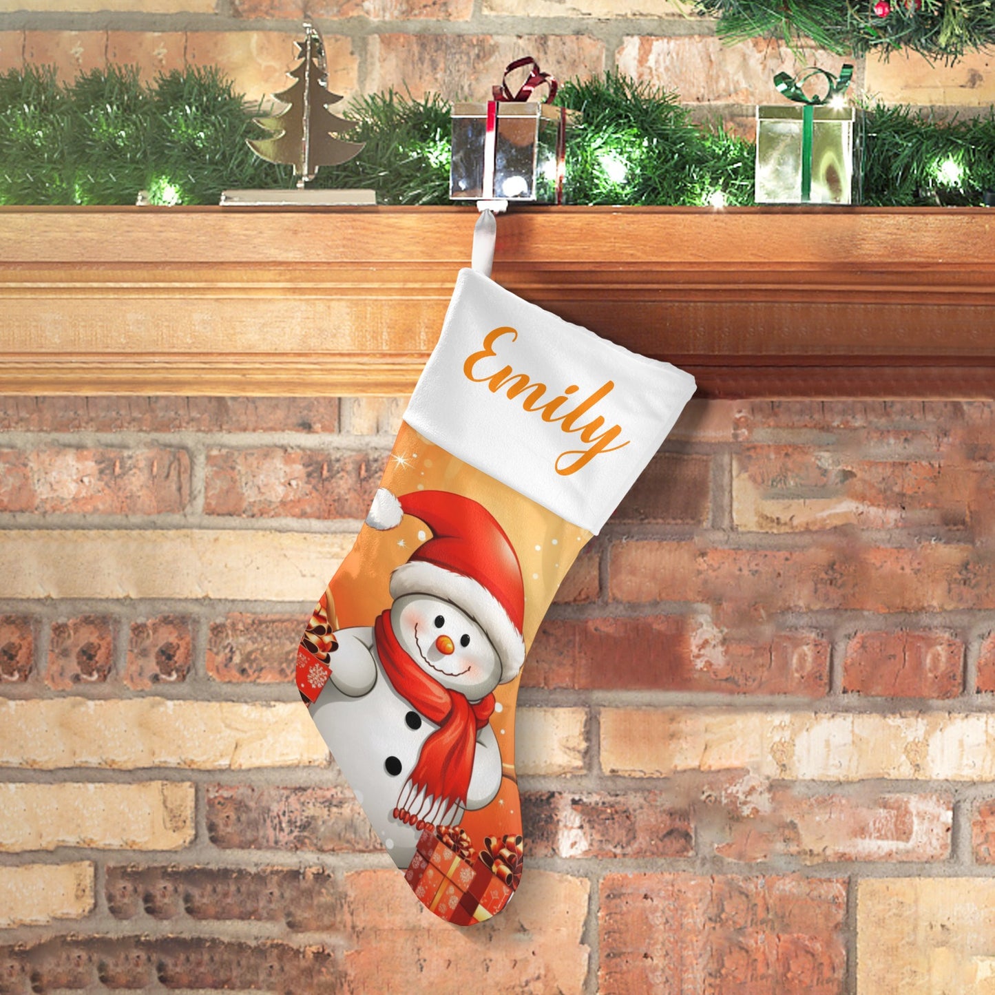 Snowman Orange Christmas Stocking Custom Name Christmas Socks Gift