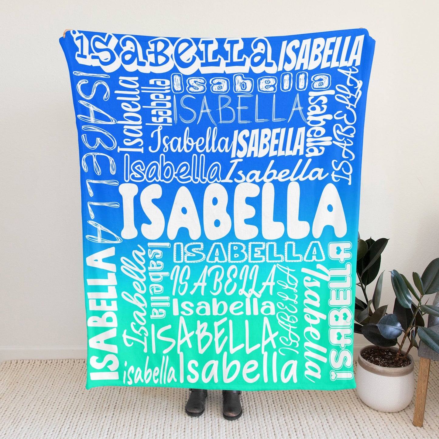 Blue Green Gradient Flannel Blanket Name Blanket Personalized Blanket for Adult Kids Flannel Customize Throw Blanket Custom
