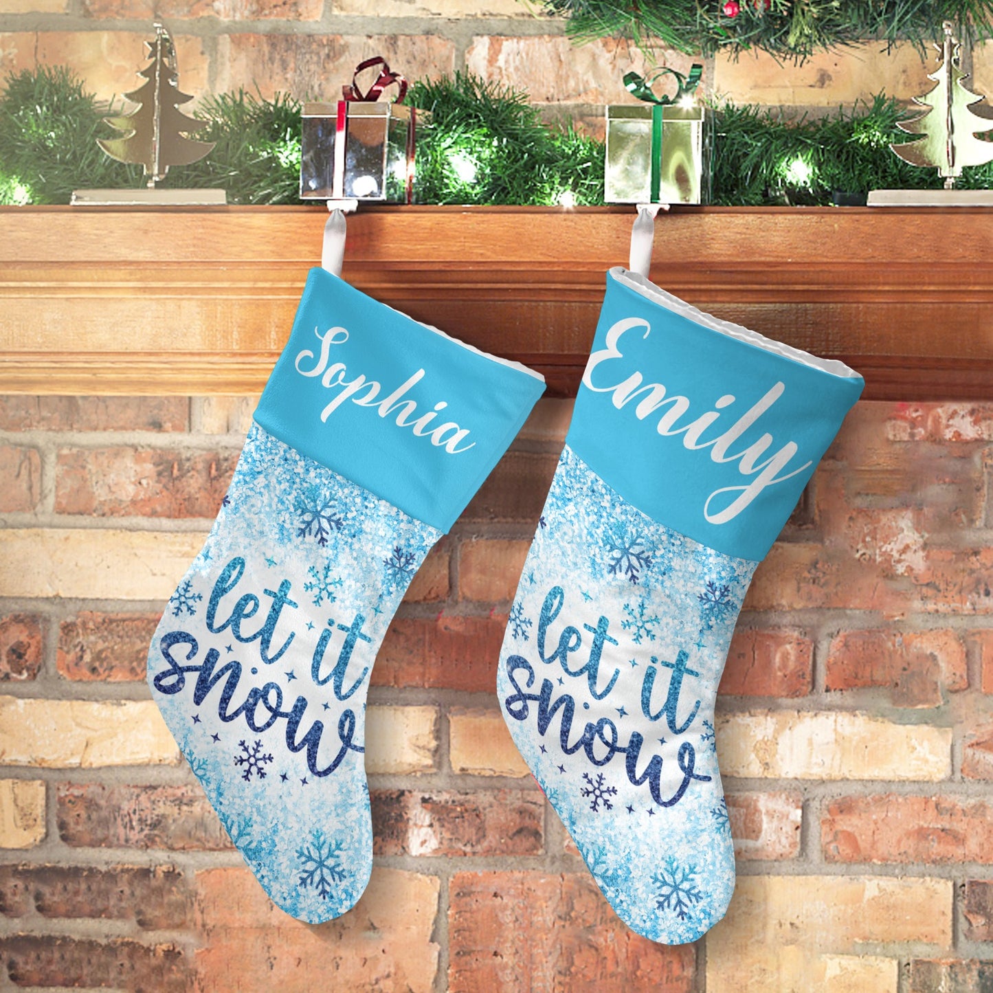 Let It Snow Blue Christmas Stocking Custom Name Christmas Socks Gift