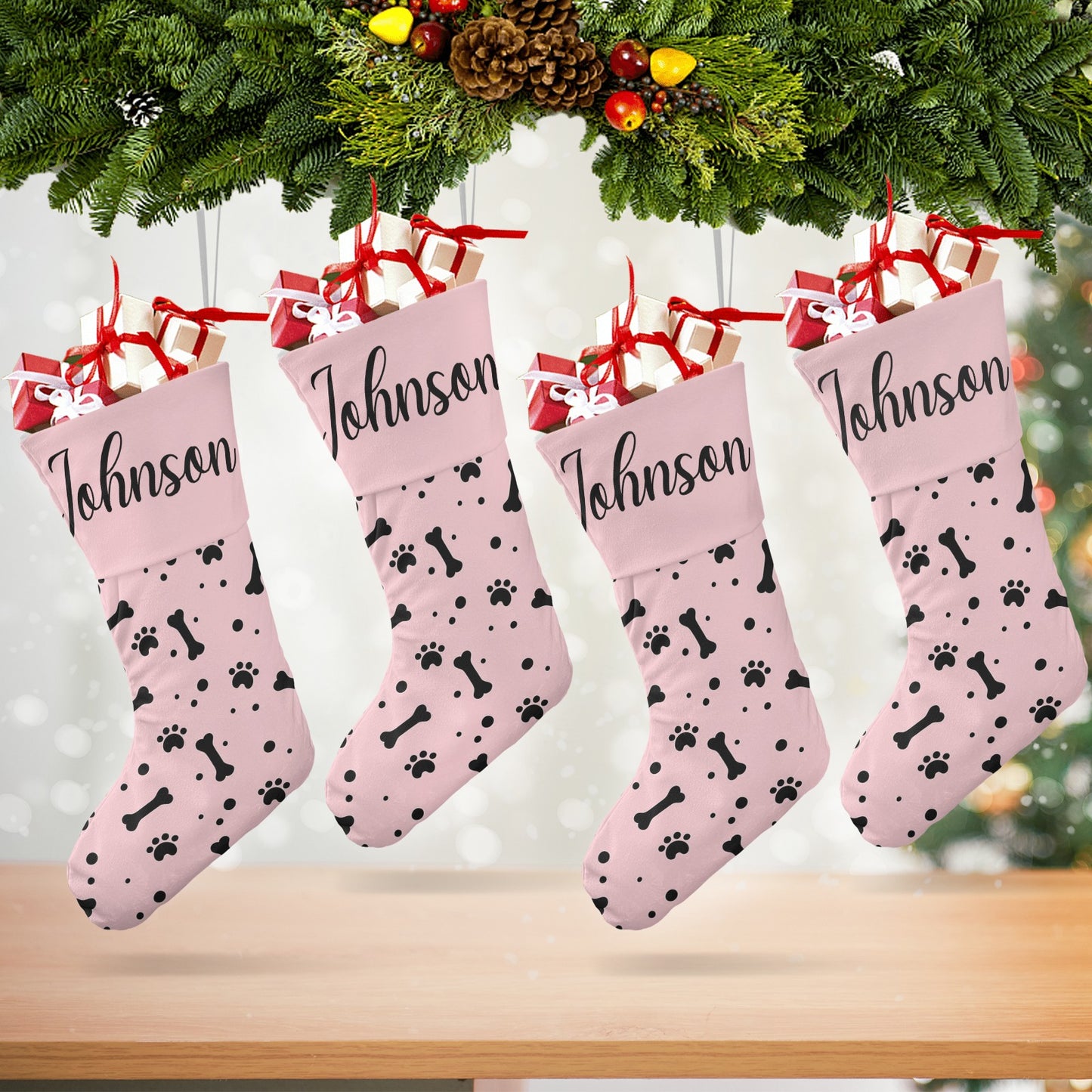 Paw bones Pink Christmas Stocking Custom Name Christmas Socks Gift
