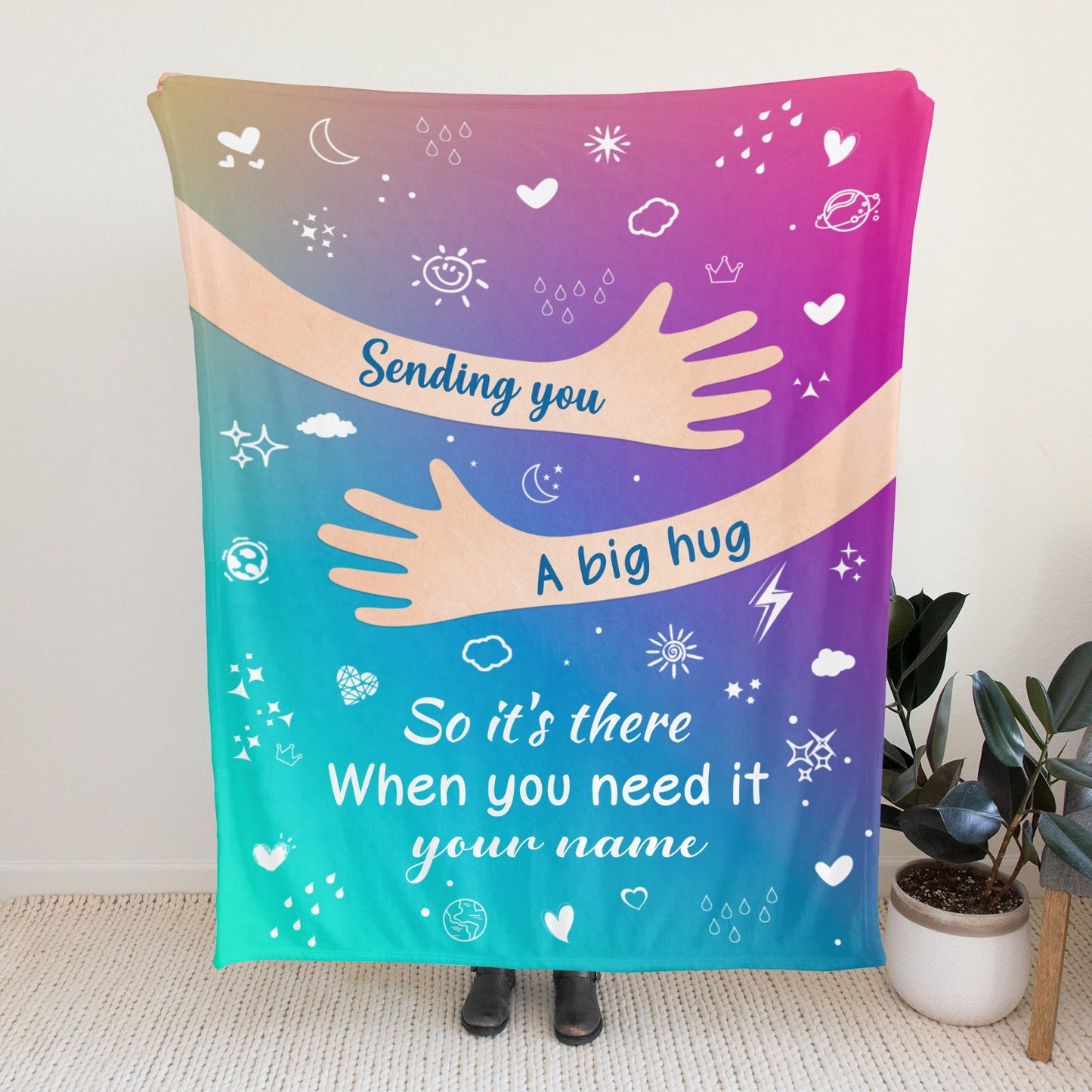 Big Hug Purple Green Flannel Blanket Custom Name Blanket Gift for Men Women