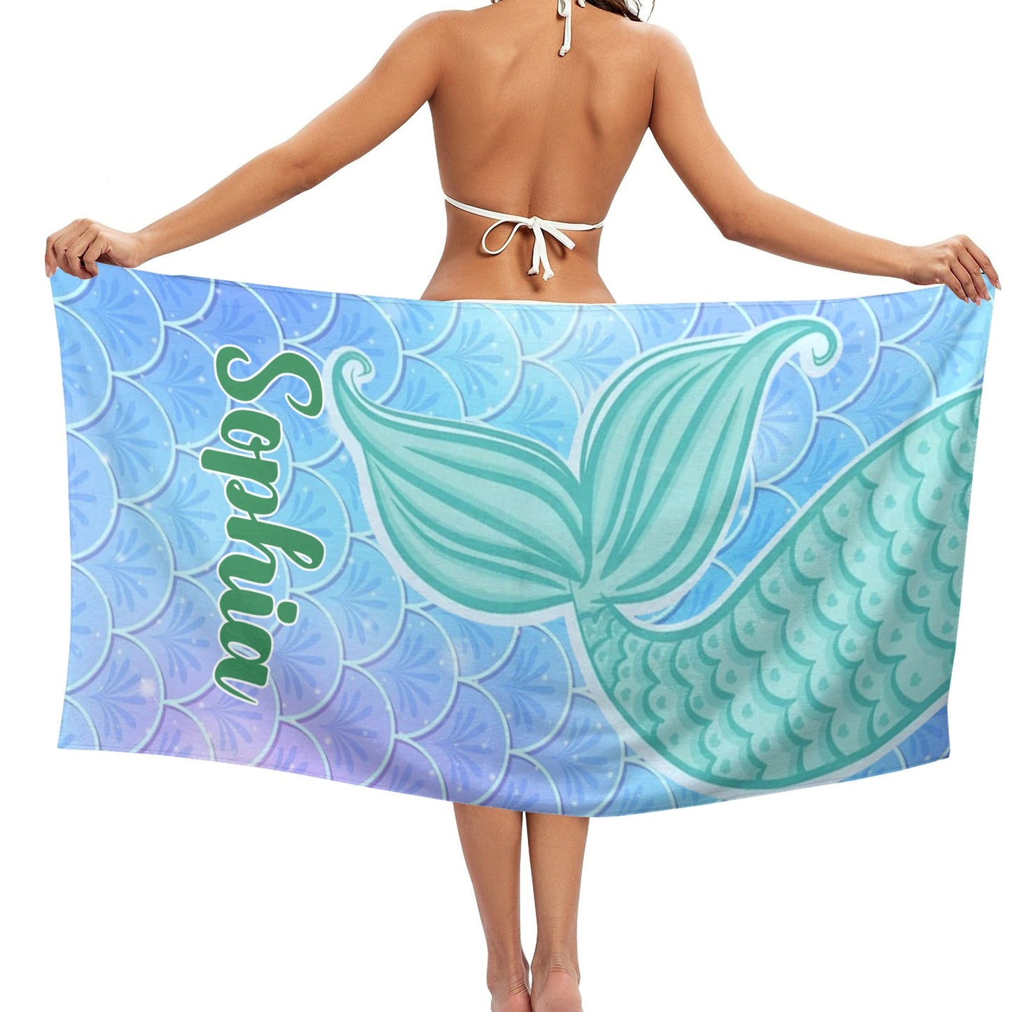 Mermaid Tail Green Beach Towel Custom Cotton/Poly Blend Pool Towel - Blue - Personalize with Your Name - Standard Size