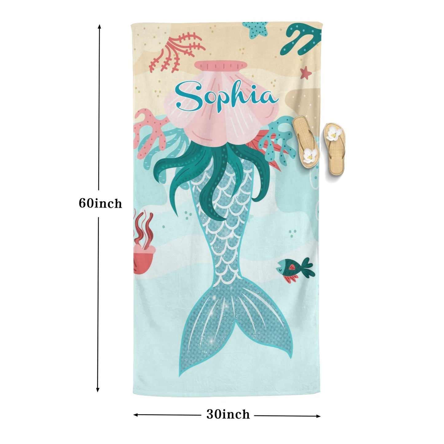 Mermaid Green Beach Towel Custom Cotton/Poly Blend Pool Towel - Blue - Personalize with Your Name - Standard Size