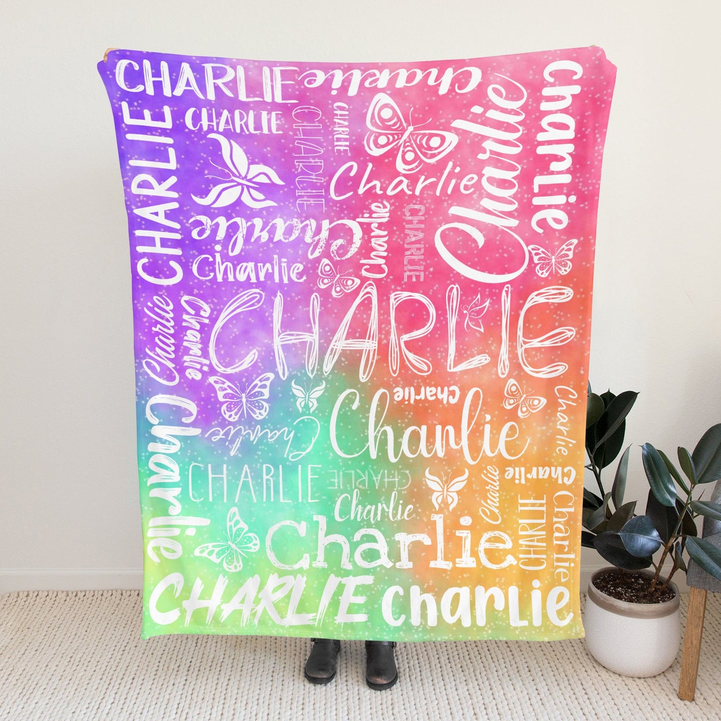 Pink Green Purple Flannel Blanket Custom Name Blanket Gift for Men Women