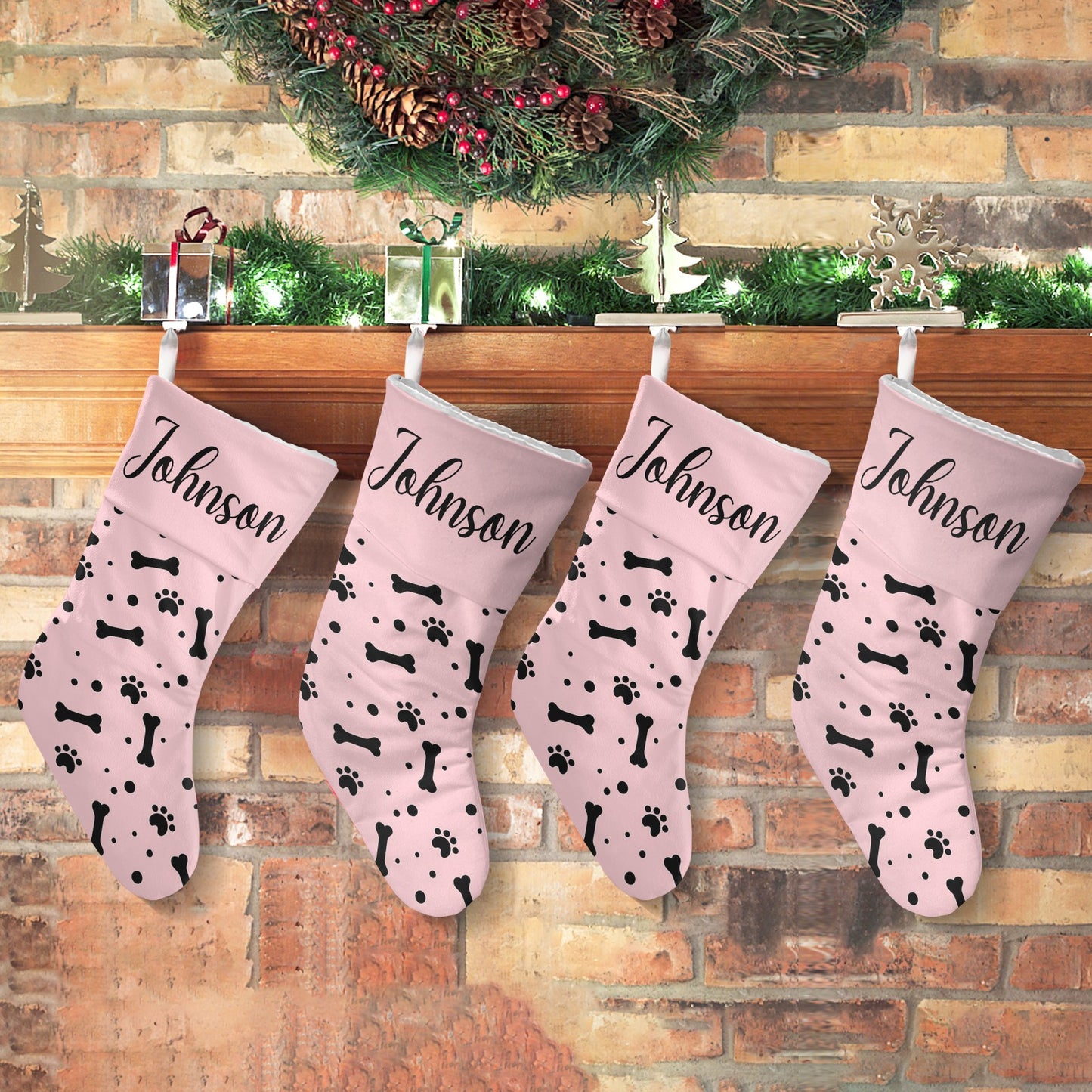 Paw bones Pink Christmas Stocking Custom Name Christmas Socks Gift