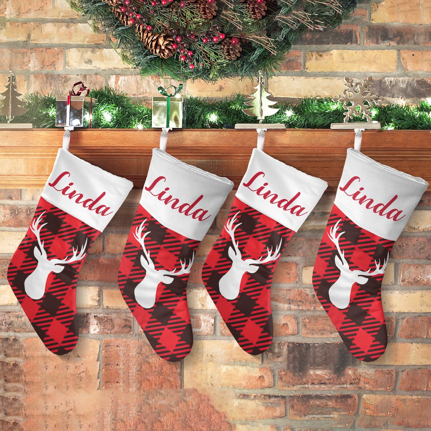 Red Buffalo Pattern Christmas Stocking Custom Name Christmas Socks Gift