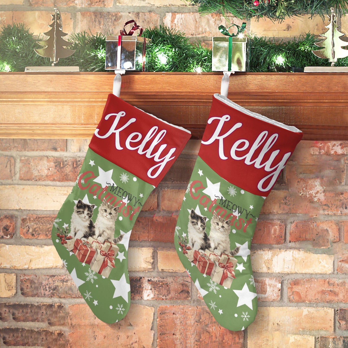 Cat Star Snowflake Christmas Stocking Custom Name Santa Socks Gift