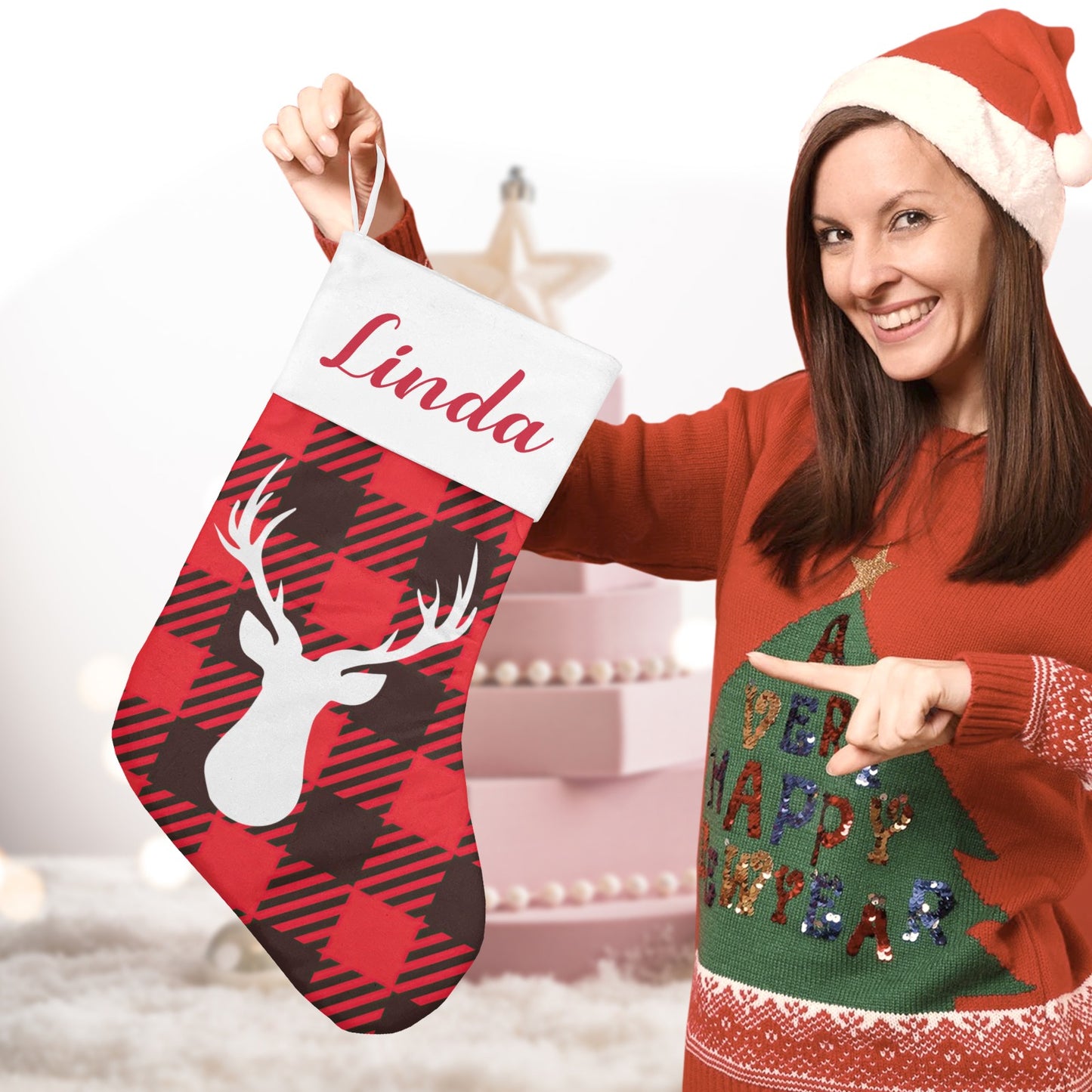 Red Buffalo Pattern Christmas Stocking Custom Name Christmas Socks Gift