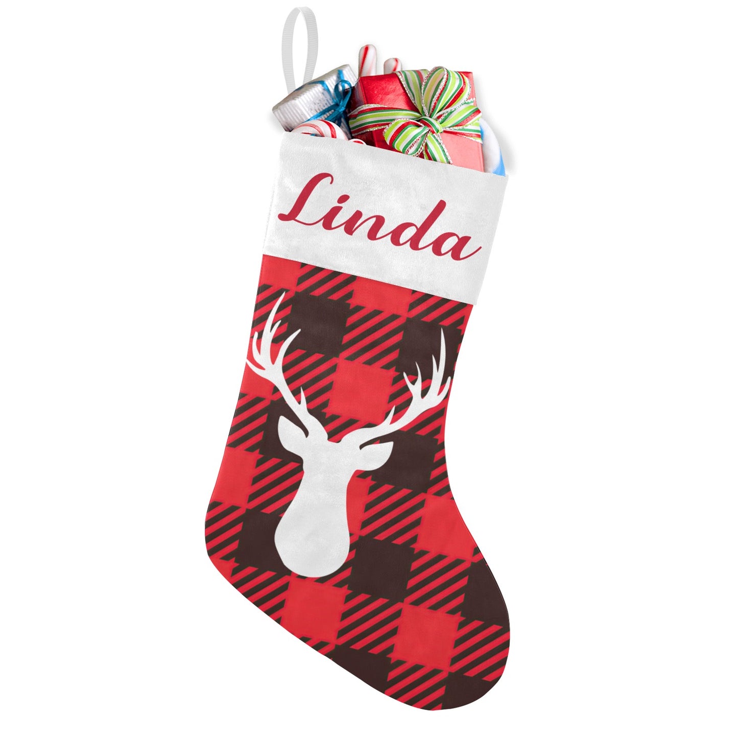 Red Buffalo Pattern Christmas Stocking Custom Name Christmas Socks Gift