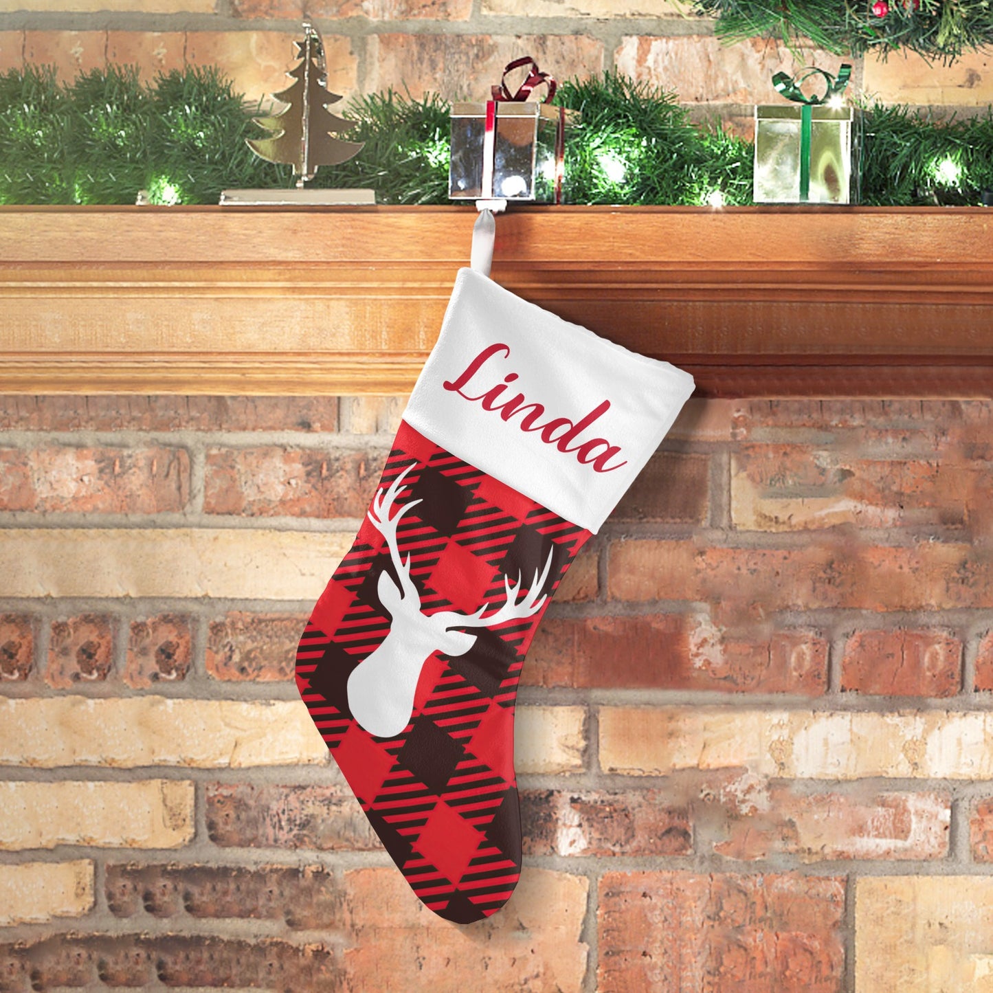 Red Buffalo Pattern Christmas Stocking Custom Name Christmas Socks Gift