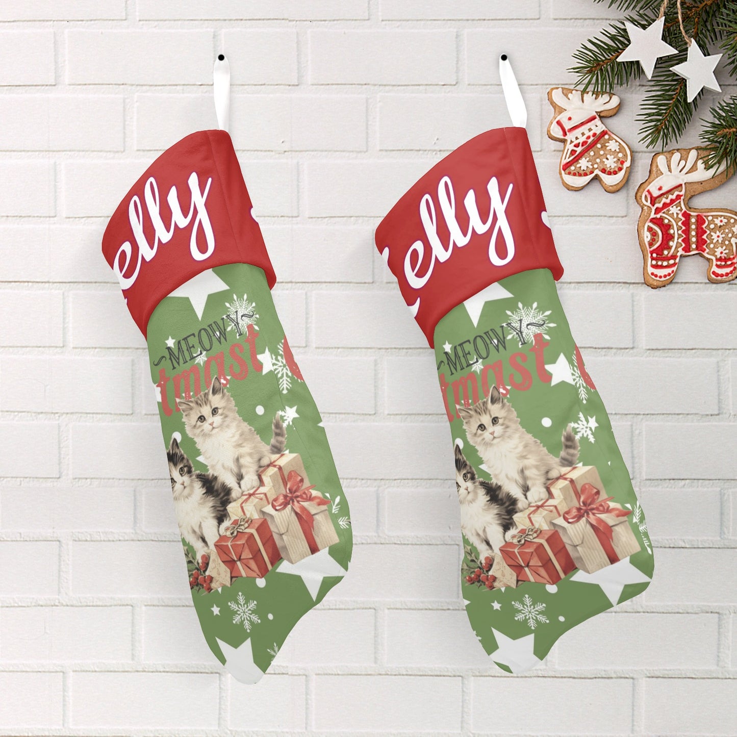 Cat Star Snowflake Christmas Stocking Custom Name Santa Socks Gift