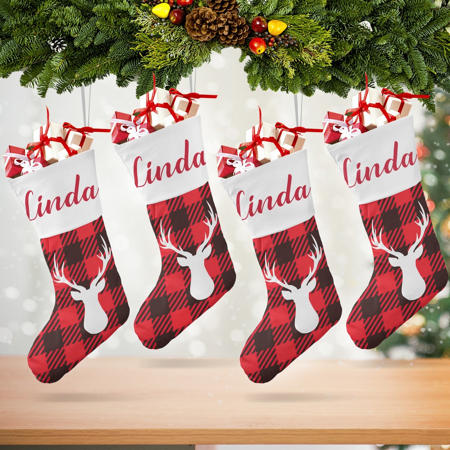 Red Buffalo Pattern Christmas Stocking Custom Name Christmas Socks Gift