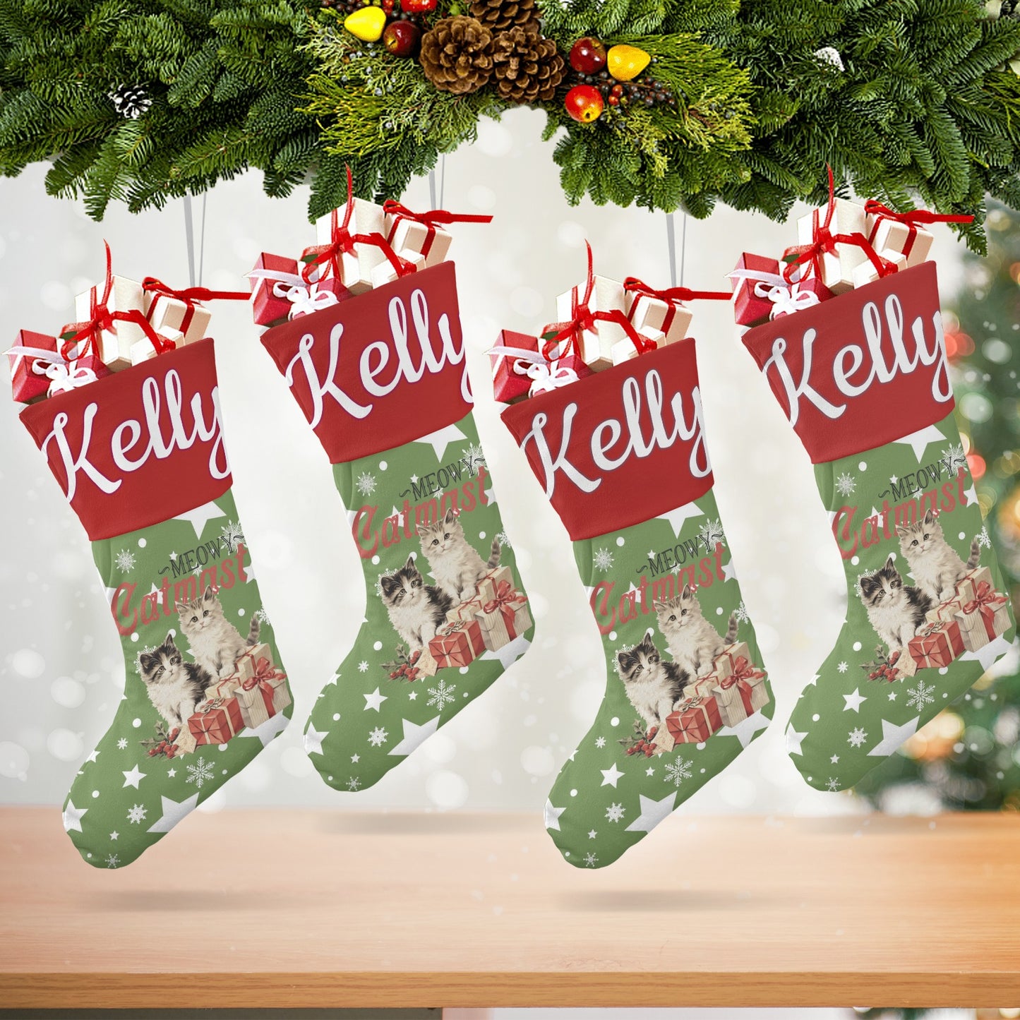 Cat Star Snowflake Christmas Stocking Custom Name Santa Socks Gift