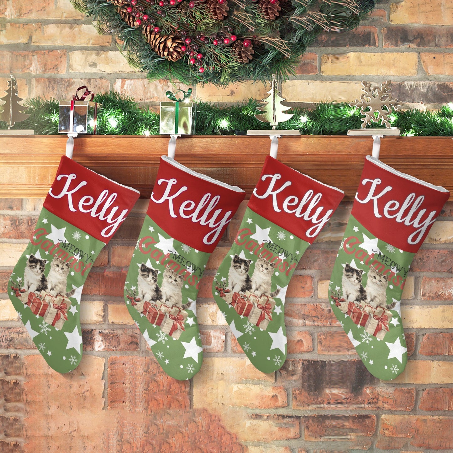 Cat Star Snowflake Christmas Stocking Custom Name Santa Socks Gift