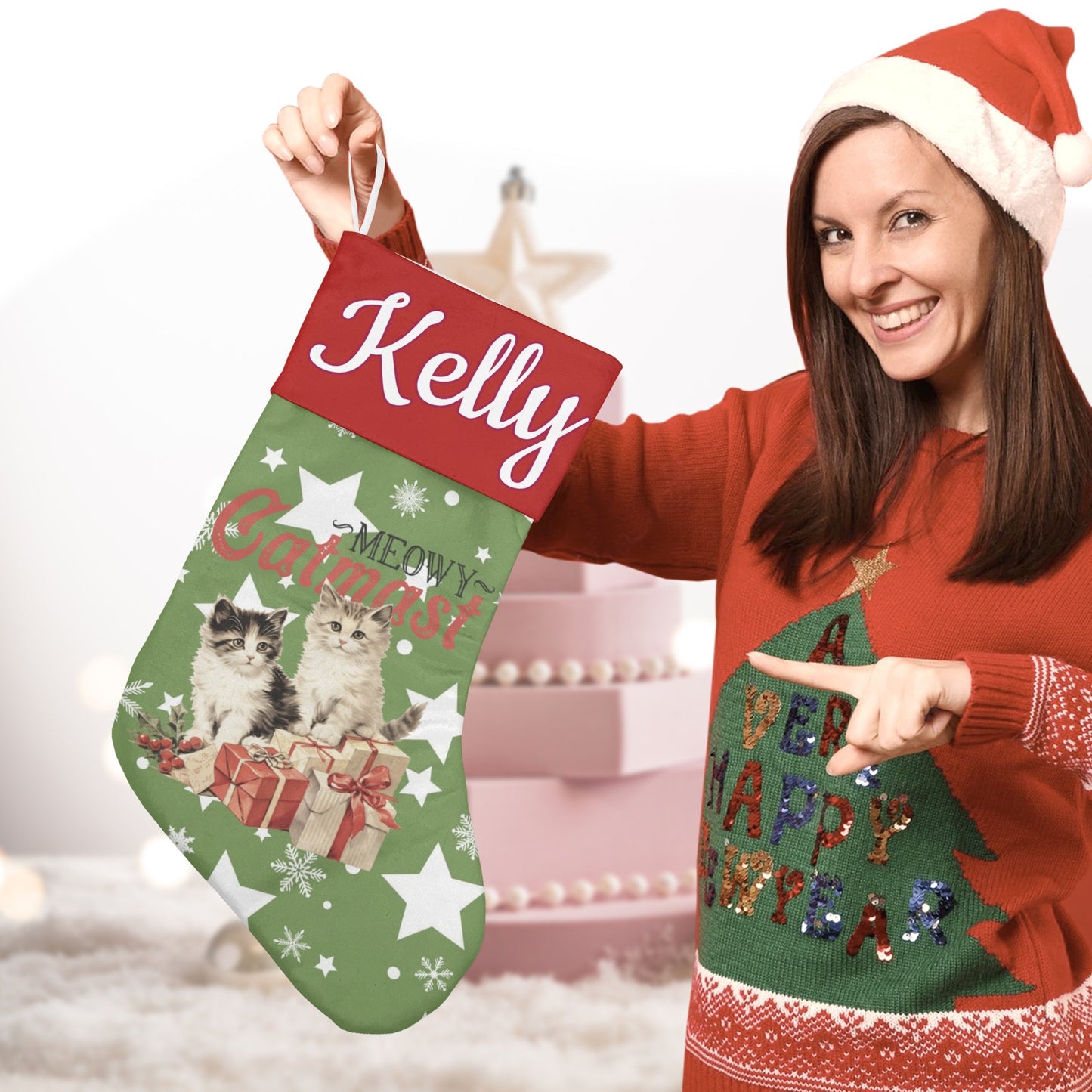 Cat Star Snowflake Christmas Stocking Custom Name Santa Socks Gift