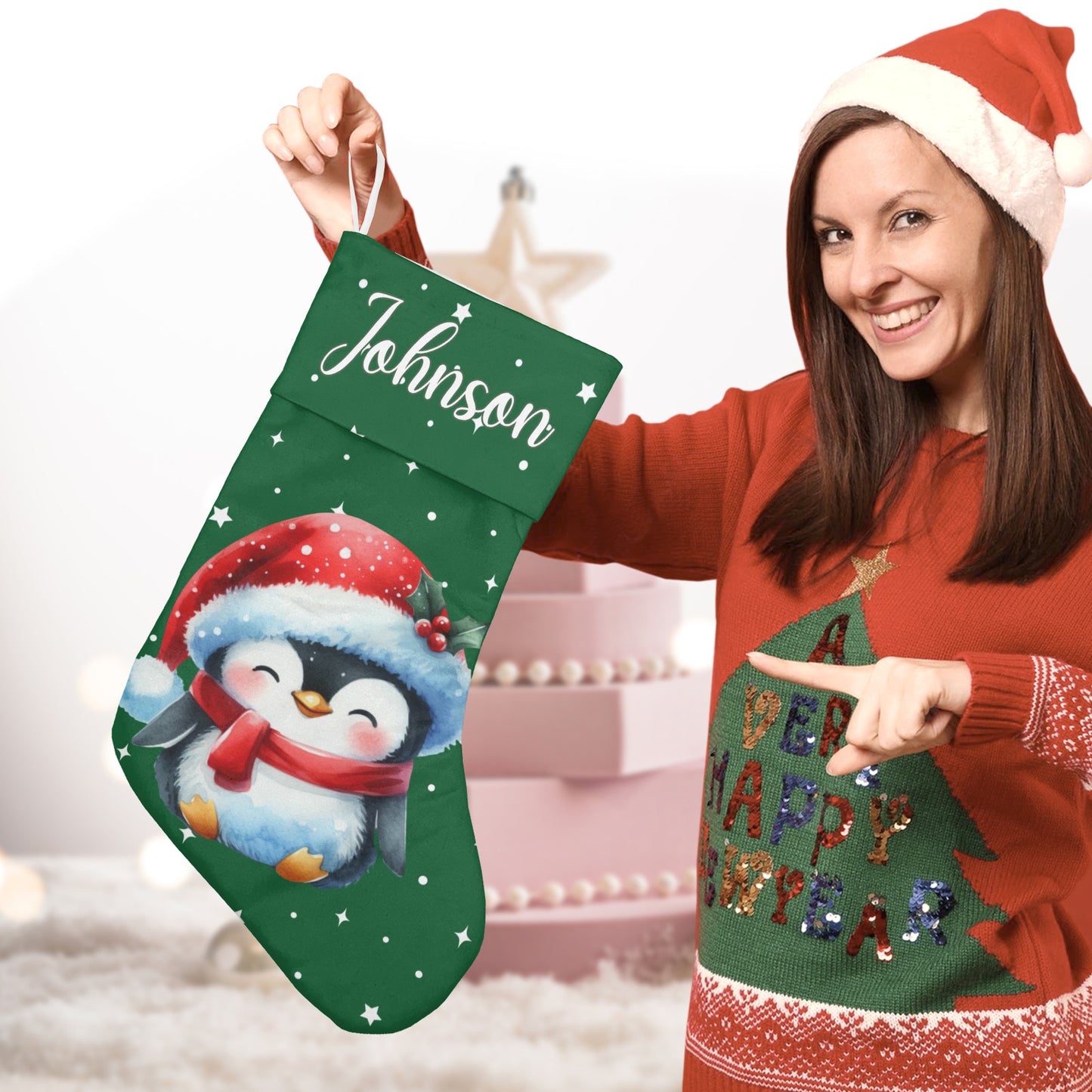 Penguin Christmas Stocking Custom Name Christmas Socks Gift