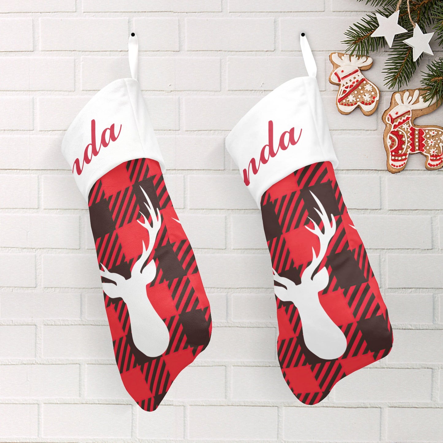 Red Buffalo Pattern Christmas Stocking Custom Name Christmas Socks Gift