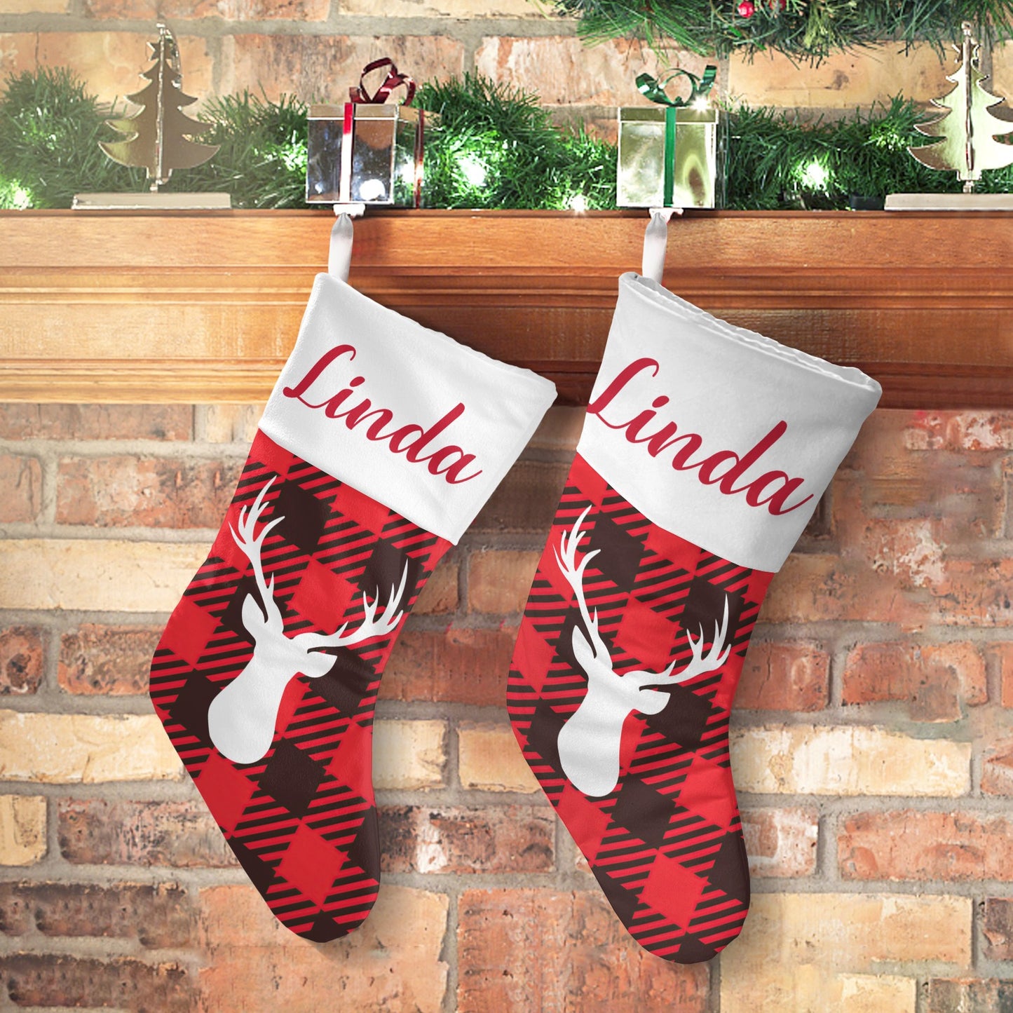 Red Buffalo Pattern Christmas Stocking Custom Name Christmas Socks Gift